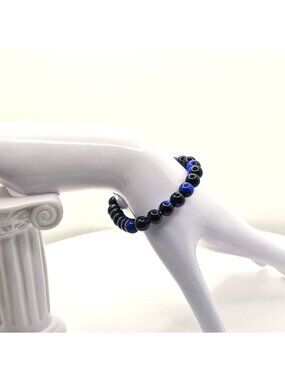 Men's Stretch Bracelet With Polished Deep Blue And Black Beads Minimalist Style
